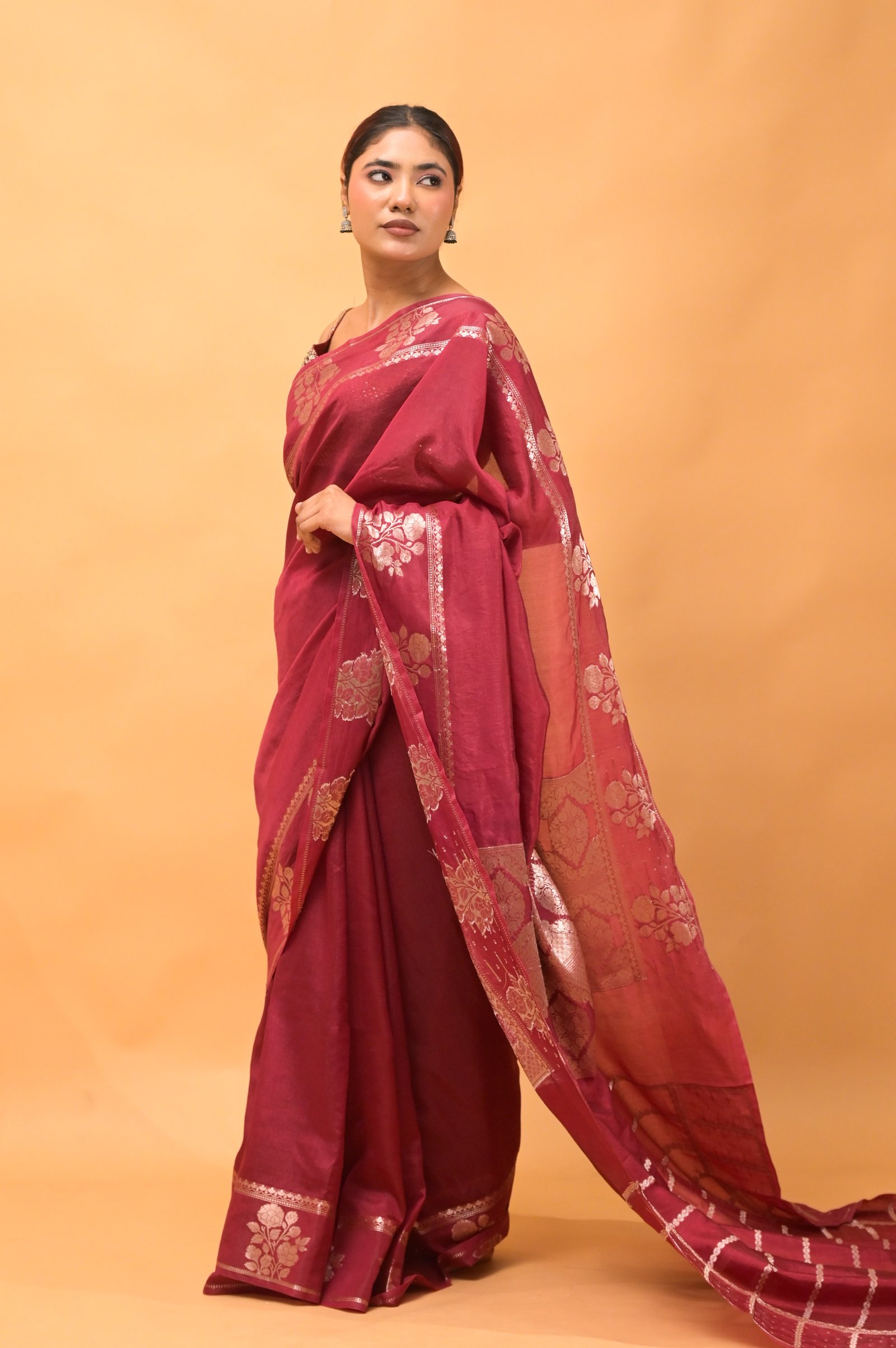 Maroon Tussar Silk Saree with Golden Floral Zari Work